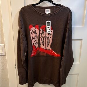 NEW Urban Outfitters Brown Sweater with Red Cowboy Boot Design